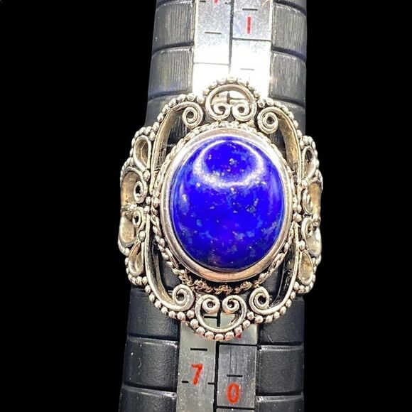Bali style filigree round boho blue lapis lazuli ring 925 sterling silver - Picture 6 of 10
